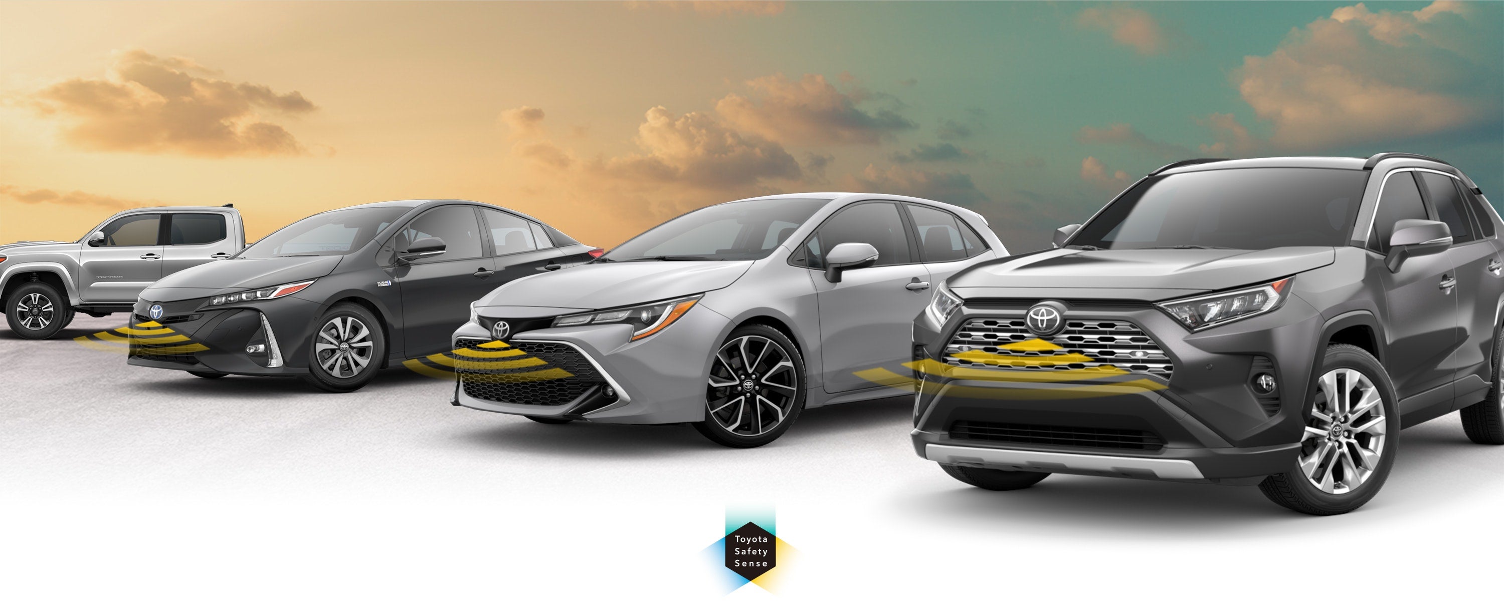 Toyota Safety Sense: Designed for Safety. Options shown on Toyota models including RAV4, Tacoma, and Camry, available now at Toyota of Orlando in Orlando FL.